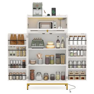 Brand New Modern White + Gold Kitchen Pantry Cabinet with Built-In Charging Station (AC/USB/Type C) Customizable <b>LED</b> <b>Lights</b> Made - Product Image 2