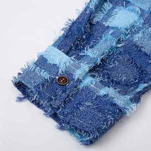 Chemise en jean vintage décontractée à manches longues pour homme avec logo personnalisé, col à revers à franges, simple boutonnage, idéale pour l'automne - Product Image 5