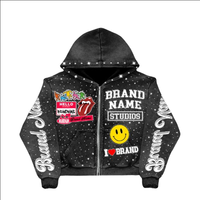 Chándal Unisex Personalizado con Capucha, Estilo Urbano, Invierno, Grueso, Transpirable, de Secado Rápido, con Pedrería y Efecto Desgastado