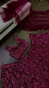 Ropa de compromiso de lujo, moda, Rani, Color rosa, terciopelo, Choli Lehenga, con secuencia de trabajo y borde de volantes, Dupatta - Product Image 6