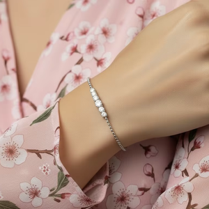 14K Gold With Beaded Chain Round Brilliant Cut Diamond Bangle For Women - Product Image 5