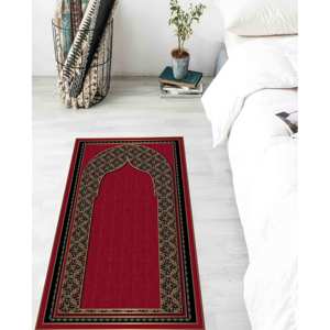 Tapis de prière islamique rouge et or : Décoration de maison musulmane antidérapante, tapis fin non tissé - Product Image 5