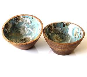 Cuencos de madera con estampado personalizado, mango seguro para alimentos, revestimiento de esmalte de madera de acacia, estampado Floral, aperitivos de Mango Verde y natural y ensaladera - Product Image 4