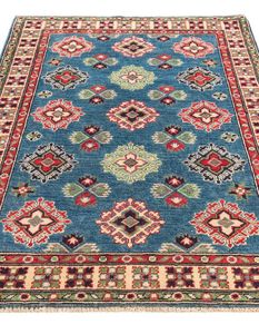 Alfombra de lana Kazak anudada a mano azul - Product Image 1