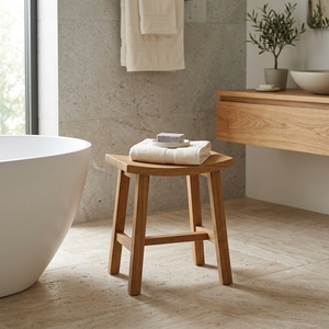 Tabouret de douche incurvé en teck massif, tabourets de salon, ottomanes, banc en bois artisanal, siège d'appoint extérieur pour salle de bain - Product Image 2