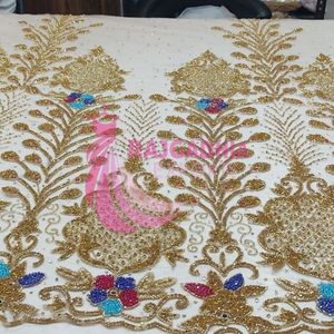 Embroidered Hand Made <b>Beaded</b> Bridal Luxury Sequins Lace <b>Fabrics</b> for Wedding <b>Fabric</b> Type Mesh Material Bead - Product Image 2