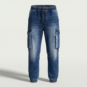 Pantalon cargo en jean pour homme, taille élastique avec cordon de serrage, en toile de coton, décontracté, plusieurs poches, style délavé - Product Image 1