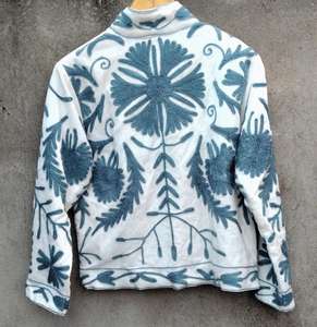 Handmade 100% Cotton Suzani Embroidered <b>Jacket</b> White Floral Boho Quilted Coat with Wool Lining Winter Printed Techniques - Product Image 2