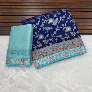 Saree georgette Banarasi Khadi de qualité supérieure avec tissage Meenakari, corps tissé riche Pallu et Zari lourd Vêtements de mariage indiens traditionnels - Product Image 3