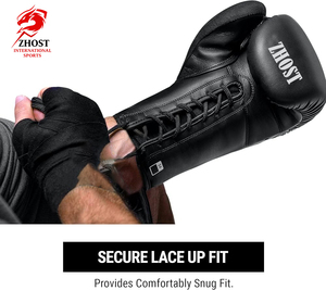 Gants de boxe en cuir noir à lacets avec logo personnalisé, pour adultes, 14oz, 12oz, 16oz, gants de sparring légers et respirants - Product Image 4