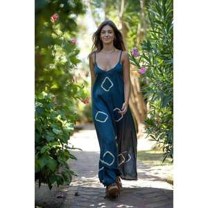 Vestido Boho Largo hasta el Suelo con Mangas Acampanadas Azul Verde Azulado para Mujer, Tirantes Finos, Verano, Casual, Playa, Vacaciones, Cintura Natural, Ecológico - Product Image 1