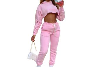 ชุดเสื้อผ้าสองชิ้นสำหรับผู้หญิงชุดเสื้อผ้าลำลองระบายอากาศสีพื้นเสื้อผ้าฝ้ายเสื้อฮู้ดกันหนาว XL แขนยาว100% - Product Image 5