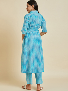El último diseñador con estampado floral, hermosa Ropa Étnica, Kurti recto azul turquesa listo para usar con pantalones Palazzo, conjuntos de Ropa Étnica - Product Image 6