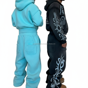 Conjuntos de sudaderas con capucha y pantalones de chándal casuales de invierno de corte holgado personalizado, con estampado tecnológico Y2K, de forro polar, con cordón, lavado ácido, bordados y pedrería - Product Image 2