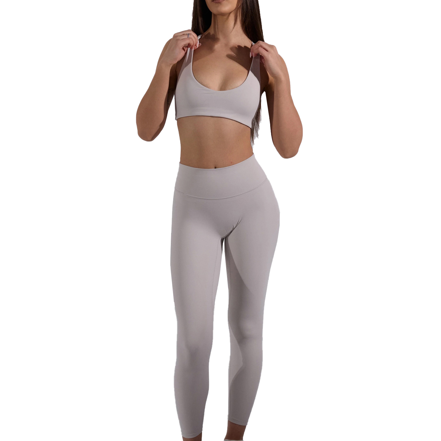 Two Piece Women Yoga Sets Solid High Elastic Waist Breathable Quick Dry Seamless Spandex/Nylon Grey Color Fitted Tights Custom