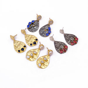 Natural Pearl <b>Stud</b> Earrings Gold-Plated Brass Hammered Design Bezel Setting Trendy Onyx Gemstone Birthstone Women's Jewelry - Product Image 4