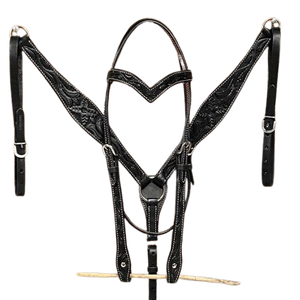 Ensemble de collier de poitrine en forme de V en cuir noir Western Premium en cuir sculpté à la main - Product Image 1