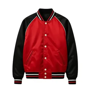 Veste en satin rouge et noir de style universitaire avec bordure côtelée rayée - Product Image 1