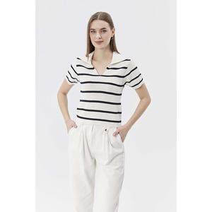 Maglione con colletto a maniche corte a righe 14970 da donna blusa Crop atleta-Bone-blu Navy