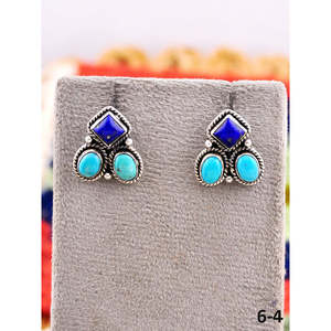 Southwest Geometric Stud <b>Earrings</b> Lapis Lazuli & Kingman Turquoise with Sterling <b>Silver</b> Bezel Setting - Product Image 4