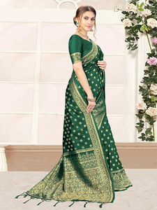 Trendmalls Saree en soie Banarasi pour femme avec chemisier non cousu Vêtements indiens et pakistanais S11-Darkgreen vert foncé - Product Image 3