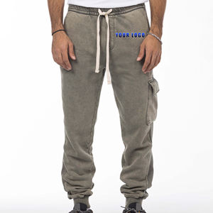 Pantalons cargo pour hommes surdimensionnés, lavés à l'acide, OEM/ODM, logo imprimé sur écran personnalisé, taille élastique, cordon de serrage - Product Image 2
