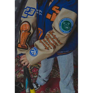 Alta demanda al por mayor personalizado Patchwork azul Varsity béisbol bombardero hombres Chaquetas Chaqueta para hombres Streetwear invierno cálido - Product Image 3