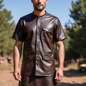 Men's Windproof <b>Short</b> <b>Sleeve</b> Front Pocket Genuine Leather <b>Shirts</b> | Men Casual Turn Down Collar <b>Button</b> <b>up</b> Sheep Leather <b>Shirts</b> - Product Image 6