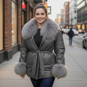 Blouson d'hiver en cuir véritable pour femme avec col en fourrure de renard gris, fermeture éclair, coupe-vent, vêtements de rue - Product Image 2