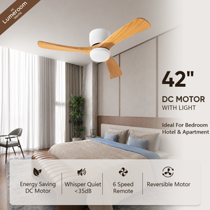Plafonnier avec ventilateur 42 pouces, montage encastré discret pour chambre à coucher, moteur DC silencieux, télécommande, pales en bois - Product Image 1