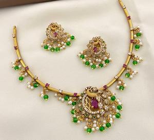 Premium Quality Designer <b>Gold</b> Polish Stones Look <b>Necklace</b> <b>Set</b> With <b>Earrings</b> for Wedding Festival Wear Collection For Women - Product Image 1