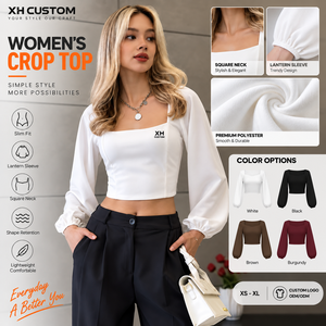 Custom Women <b>Square</b> <b>Neck</b> Crop <b>Top</b> <b>Long</b> <b>Sleeve</b> Slim Fit Lantern <b>Sleeve</b> Blouse Casual Fashion <b>Tops</b> Clothing Manufacturer - Product Image 1