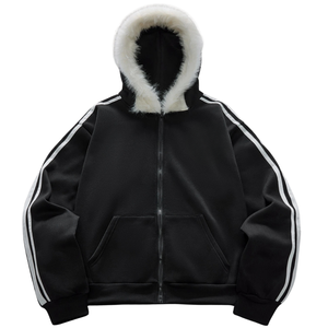 Men's <b>Black</b> Faux Fur Lined <b>Zip</b> Up <b>Hoodie</b> Oversized Streetwear Sweatshirt with Pocket for Autumn Winter - Product Image 1