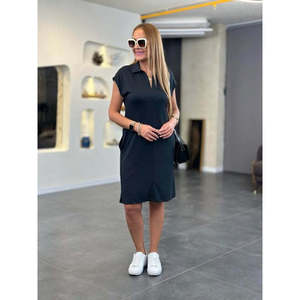 Women's Short-Sleeved Collared <b>Viscose</b> Two-Thread <b>Dress</b>, 36886 - Black - Product Image 3
