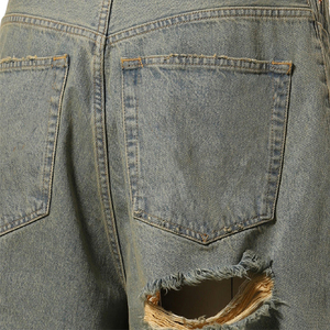 Baggy bleu à fermeture éclair pour hommes 100% coton bords bruts Look détruit High Street Hot Shorts solide Short en denim ample - Product Image 5