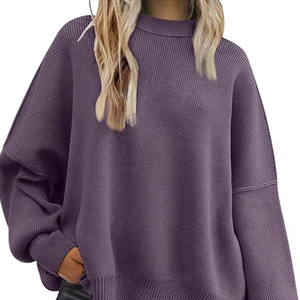 TRENDY CREWNECK CHRISTMAS SWEATER <b>OVERSIZED</b> BATWING <b>WOMEN</b> FALL SIDE SLIT KNIT PULLOVER TOPS LOOSE CASUAL HOLIDAY WEAR - Product Image 1