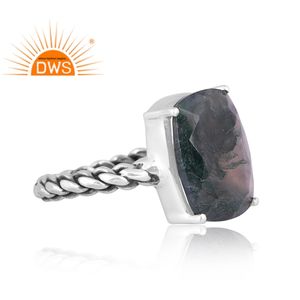 แหวนพลอยมอสอาเกตสีเขียวธรรมชาติสีเงินสเตอร์ลิงออกซิไดซ์ขายดีที่สุดสำหรับเป็นของขวัญสำหรับผู้หญิง - Product Image 3