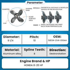 Hélice OEM à 4 pales 9 1/4*10 pour moteur <span class=keywords><strong>hors</strong></span>-<span class=keywords><strong>bord</strong></span> en aluminium <span class=keywords><strong>Honda</strong></span> BF8 /9.9/<span class=keywords><strong>15</strong></span>/20 HP 4 temps, 8 cannelures RH - Product Image 2