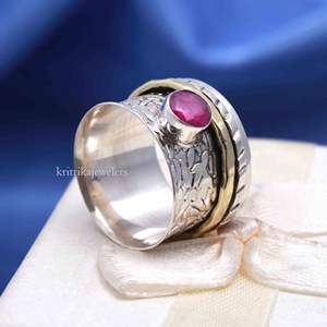 แหวนสปินเนอร์สองโทนสีเงินสเตอร์ลิง925ฝังเพชรพลอยทับทิมธรรมชาติตัวเรือนเพชรการตั้งค่าคลาสสิกงานแต่งงานงานเลี้ยงวันครบรอบ - Product Image 3