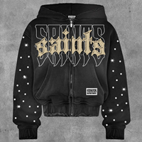 Sudadera con capucha y cremallera para hombre, estilo streetwear de invierno, corte cropped y holgado, 180 GSM, de felpa francesa, con efecto descolorido por el sol, pedrería y lavado ácido, de algodón/bambú