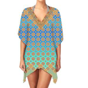 Robe caftan courte pour femmes à la mode élégante col en V une pièce décontracté été fête porter en tissu doux et léger exsudant - Product Image 6