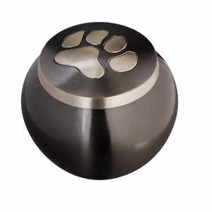 Urne funéraire moderne noire ronde pour animaux de compagnie avec couvercle en métal brossé en forme de patte pour un mémorial contemporain - Product Image 1