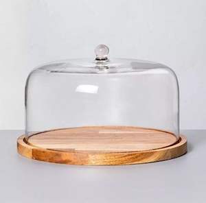Round Shape Wooden Cake Stand <b>with</b> Brass <b>Dome</b> Lid and <b>Glass</b> Cover Luxury Design Acacia Wood <b>Base</b> - Product Image 1