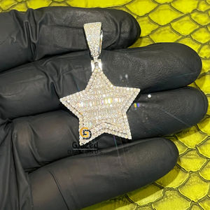 Pendentif étoile en or blanc 10kt unisexe à la mode avec diamants ronds et taille baguette cultivés en laboratoire nouveau style Hip Hop pour les fêtes - Product Image 2