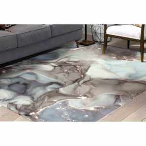 Tapis en marbre gris et bleu : Tapis moderne antidérapant, avec poils doux - Product Image 1