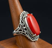 Bague en pierres précieuses, corail rouge naturel, sertissage clos en acier inoxydable plaqué rhodium |   Bague bohème pour femme certifiée spiritual healing