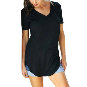 Moda cuello en V manga corta camiseta túnica mujer Casual verano Tops blusa suelta dobladillo curvo algodón transpirable impresión personalizada - Product Image 5