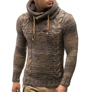 Pull à fermeture éclair surdimensionné pour homme, hiver automne, manches longues, à capuche, chaud, en cachemire, tricot jacquard, imprimé logo, décoration boutonnée - Product Image 1