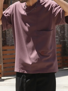 T-shirt à manches courtes d'été décontracté pour hommes respirant en polyester coupe décontractée poche poitrine manches coutures col rond haut de couleur unie - Product Image 2