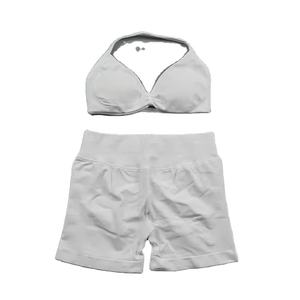 Ensemble de yoga pour femme, soutien-gorge de sport et short de couleur unie, taille haute, longueur cheville, léger, en Spandex/Nylon 220g, vente en gros 2026 - Product Image 3